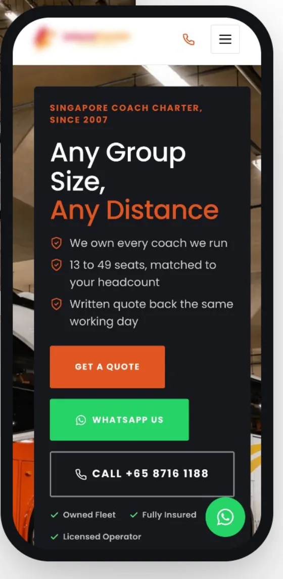 The coach charter website on a phone: quote, WhatsApp and call buttons, with a floating WhatsApp button