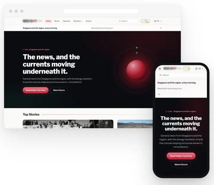 A news website on desktop and phone, with top stories and a live feed